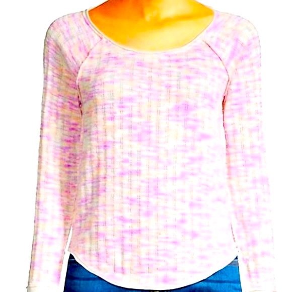 🌸Free People Long sleeve Thermal Knit Top w/Thumbholes, Size L, Pink Combo NWT - Picture 2 of 7